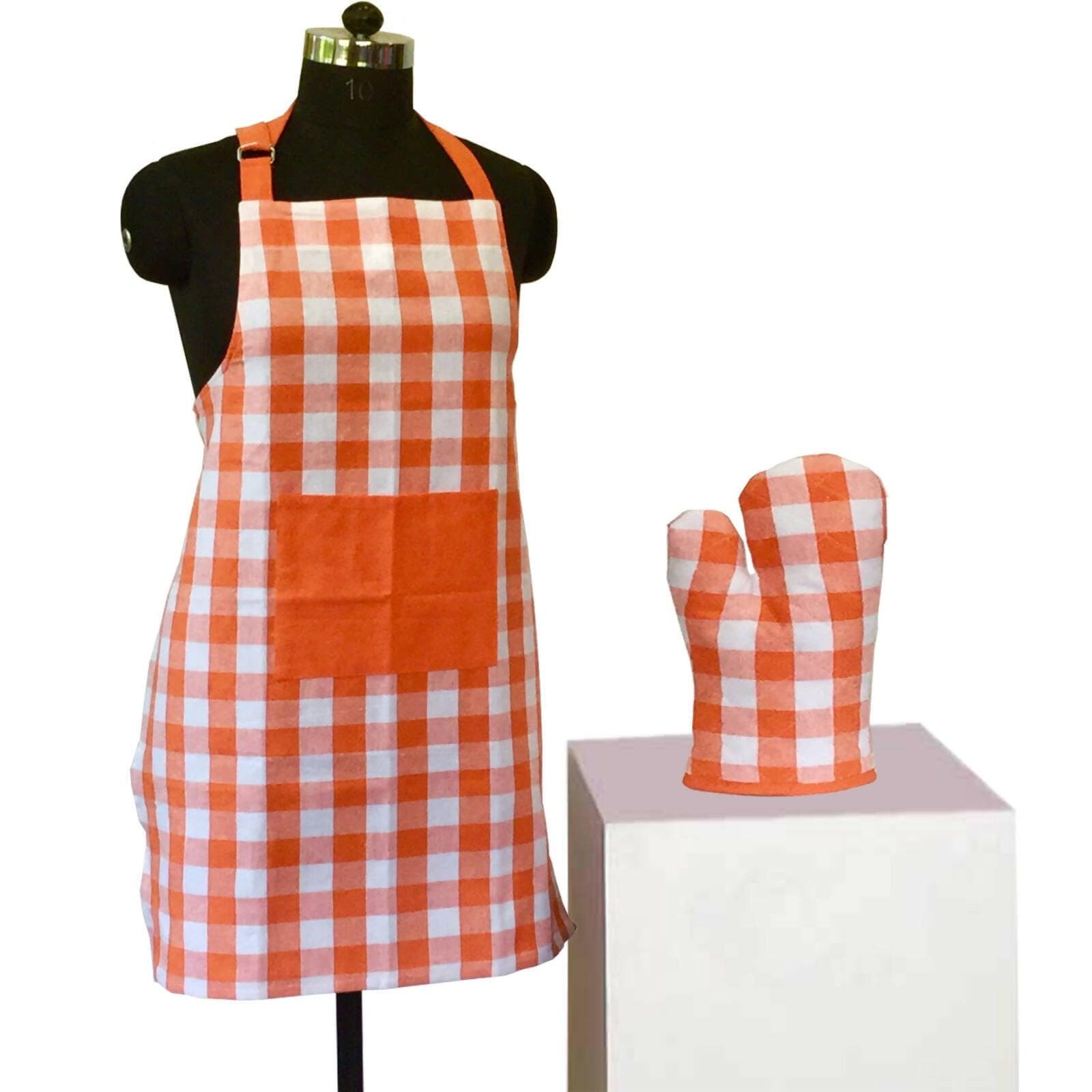 Lushomes Checks Orange Kitchen Cooking Apron Set for Women, apron for kitchen, kitchen apron for women (2 Pc Set, Oven Glove 17 x 32 cm, Apron 60 x 80 cms) - HalfPe