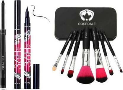 Crynn Smudge Proof HDA64 Makeup Beauty Kajal & Rosedale Set of 7 Makeup Brush & Yanqina 36H Deep Black Liquid Eyeliner - HalfPe