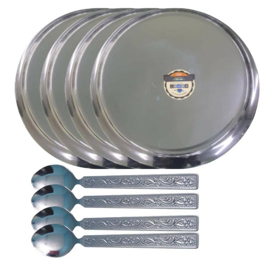 SHINI LIFESTYLE Stainless Steel Supreme Quality Dinner Plate 4pc with Spoon Set Dinner Plate (Pack of 4) - HalfPe