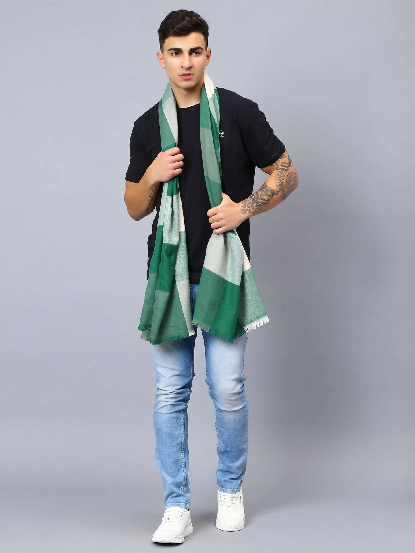 Bottle Green and White Unisex Pashmina Stole - HalfPe