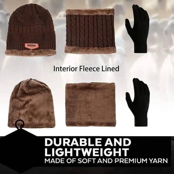 Woven Beige-Winter Woolen Beanie Cap Scarf And Touchscreen Gloves Set (Pack of 3) - HalfPe