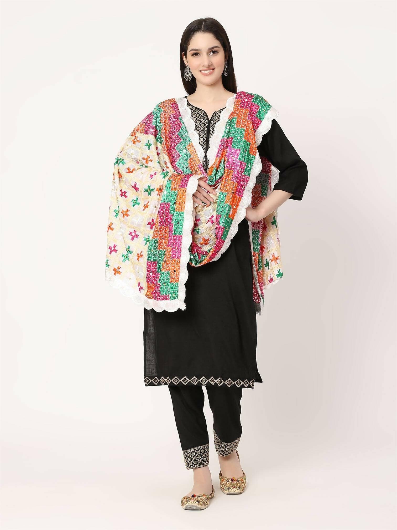 White Multicolour Check Design Embroidery Phulkari Dupatta - HalfPe