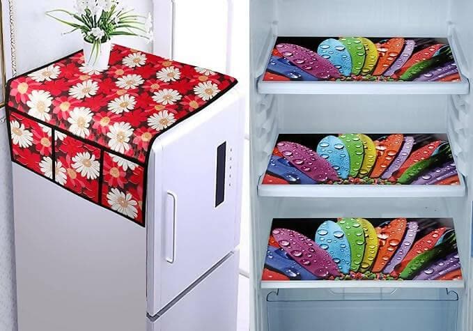 WISHLAND Set of 4 Pcs Fridge Cover Combo With 1 Fridge Top Cover with 6 Utility Pockets and 3 Pcs Multipurpose Fridge Mats - HalfPe