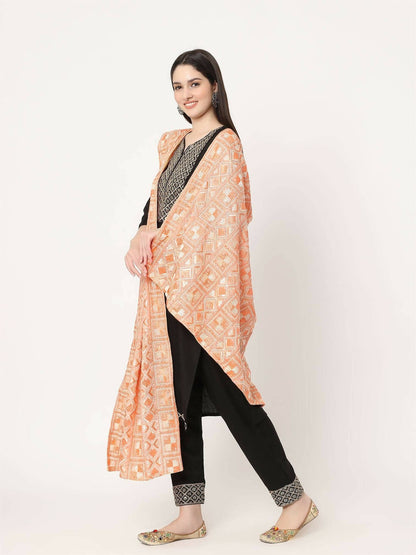 Peach and off white Embroidery Phulkari Dupatta - HalfPe