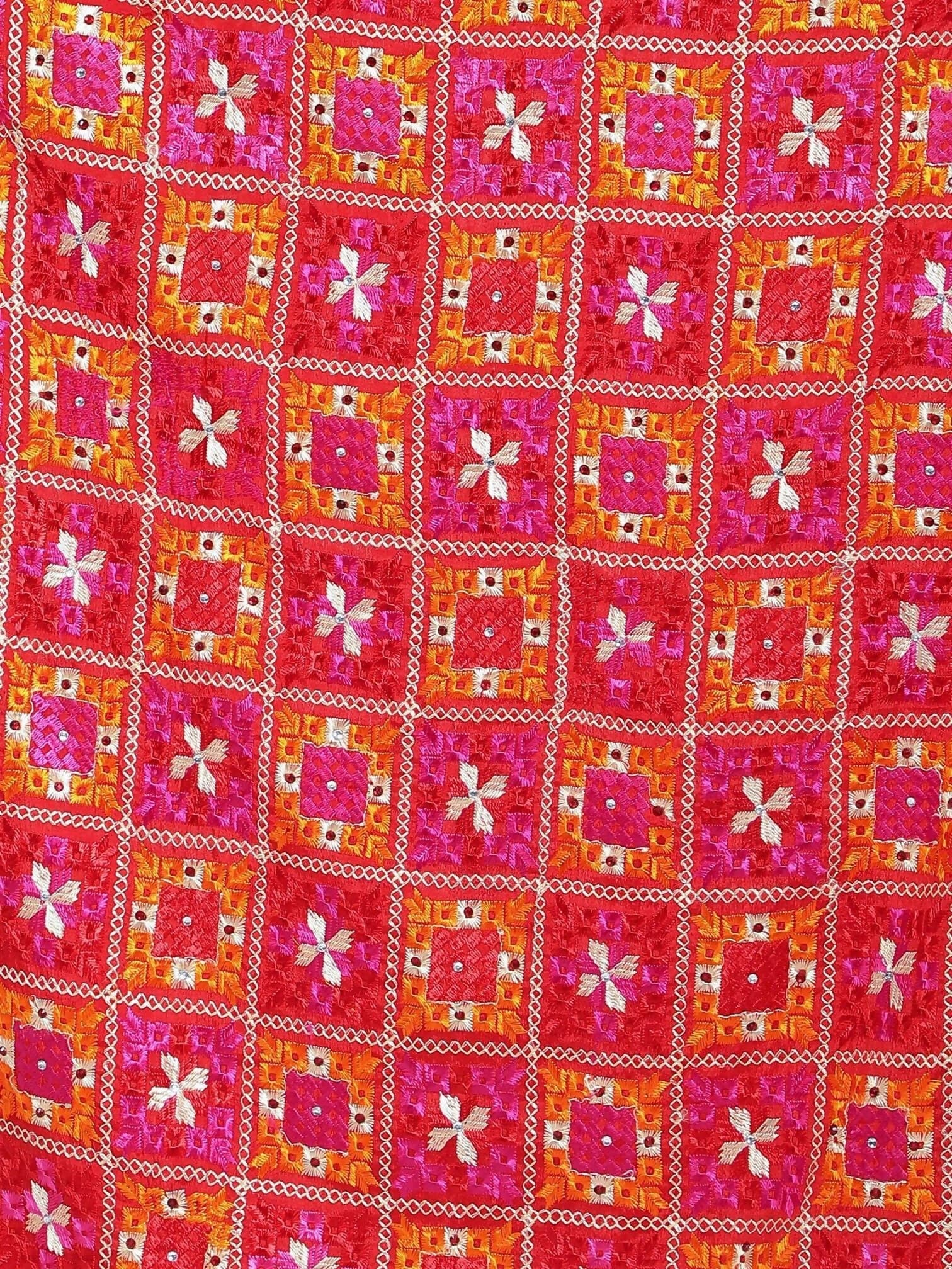 Multicolour Phulkari Dupatta (Magenta Orange Red) - HalfPe