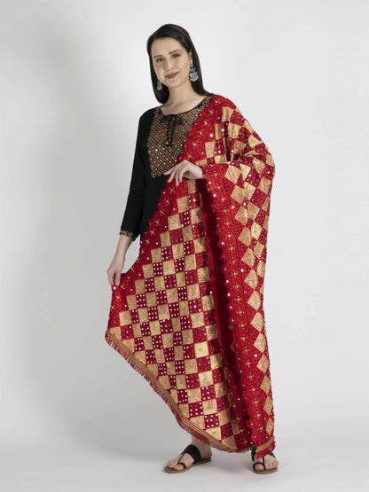 Phulkari Dupatta with Mirror Work (red) - HalfPe