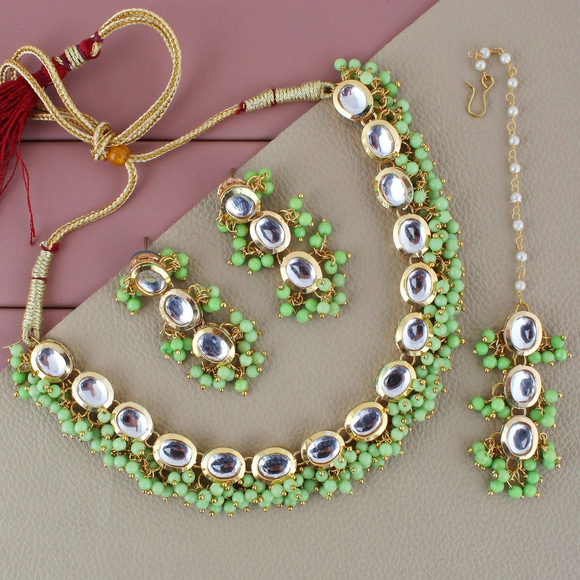 LUCKY JEWELLERY Back Meenakari 18k Gold Plated Light Green Color beads Tika Earring Combo Uncut Big Faux Kundan Choker Necklace set - HalfPe