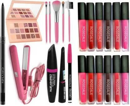 Crynn Smudge Proof Rosedale Kajal & Pro Ultra Saloon Professional Hair Straightener & 3in1 Eyeliner Mascara Eyebrow Pencil & Ultimate Glam Glazed Eyeshadow Palette & Professional 5 Makeup Brush & Catsuit 12 Liquid Matte Lipsticks (23 Items in the set) - HalfPe