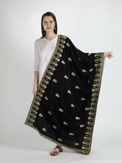 Velvet Shawl Dupatta (Black Embroidered) - HalfPe