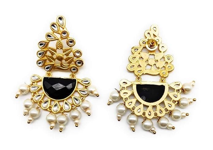 Black handmade designer brass pearl stone earrings - halfpeapp