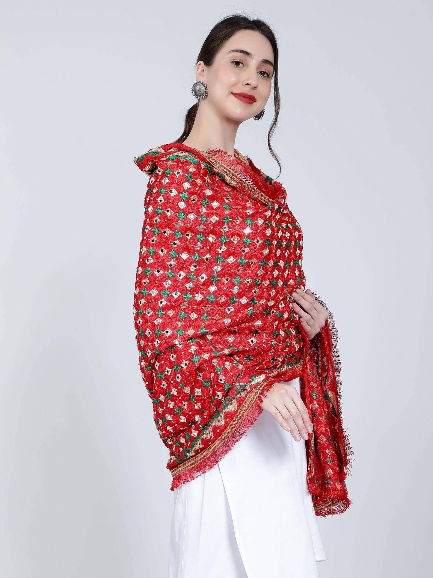 Phulkari Dupatta with Beads (Red and Green ) - HalfPe