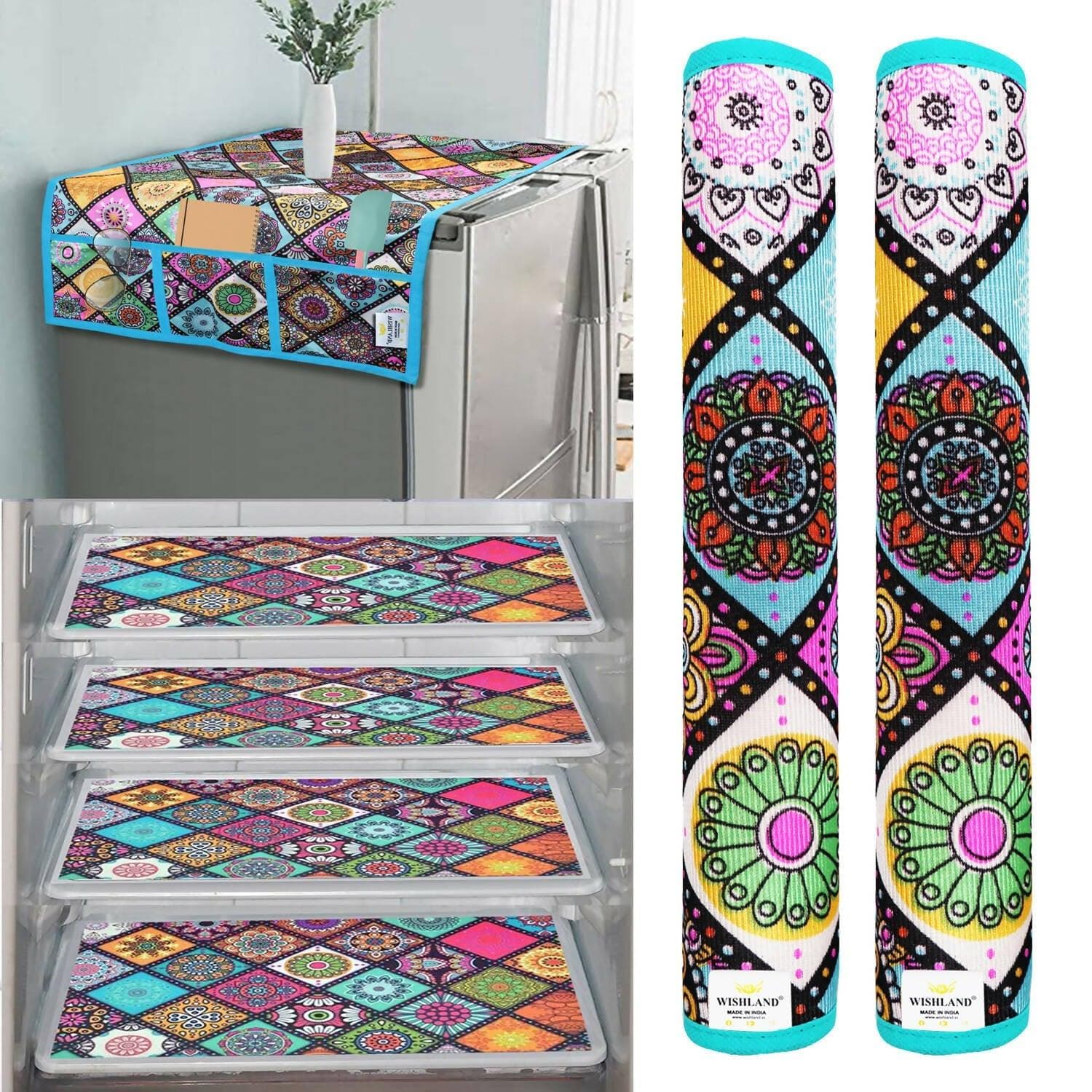 WISHLAND Double Door Fridge Cover Combo Set pf 1 Fridge Top Cover + 2 Fridge Handle Cover + 4 Multipurpose Fridge Mats (Multicolor) - HalfPe