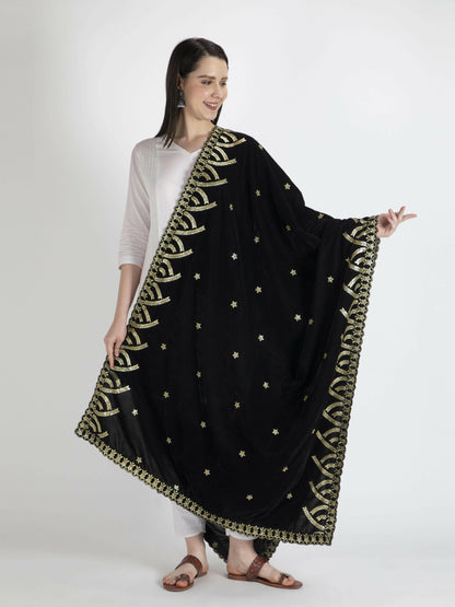 Embroidered Velvet Shawl Dupatta(Black) - HalfPe