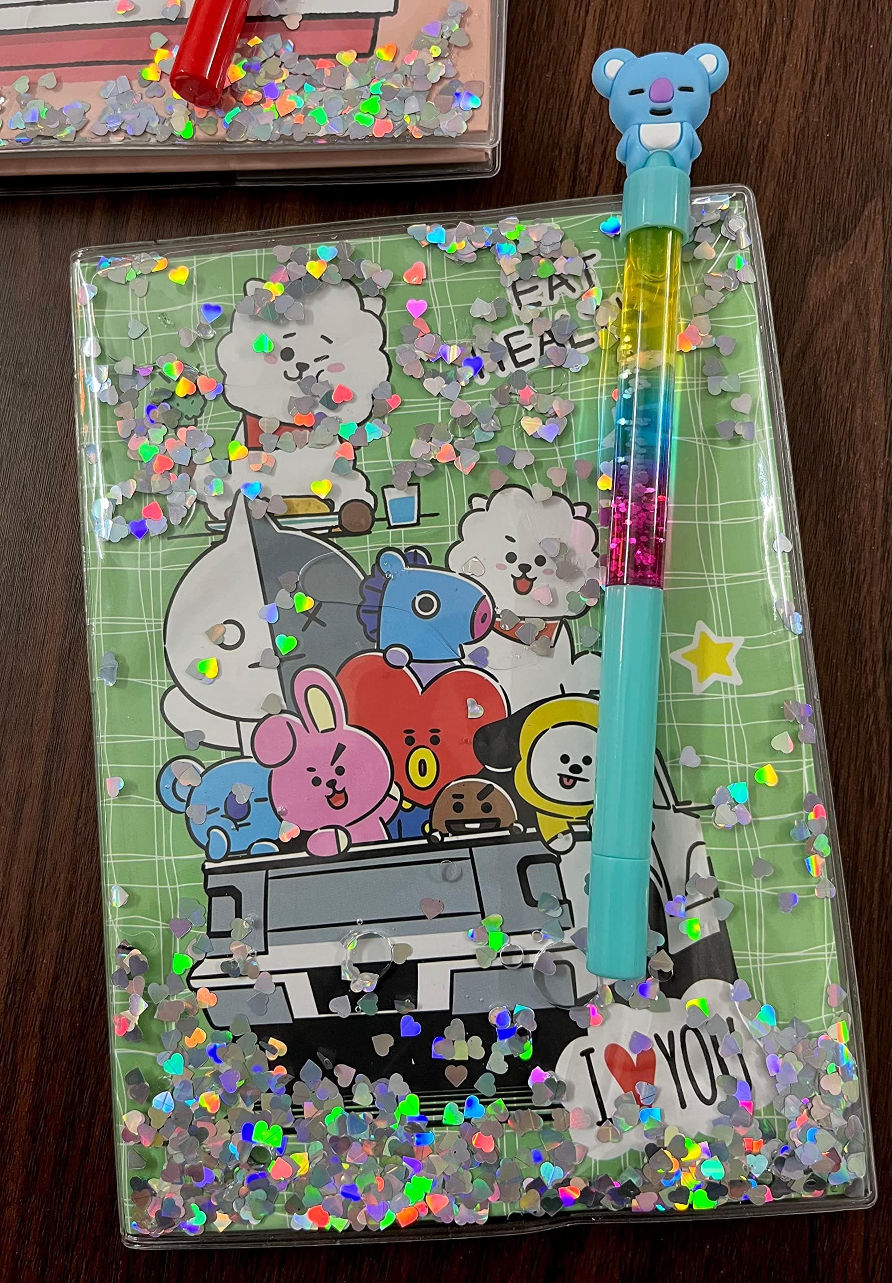 Bt21 cartoon water glitter diary with pen (multi colour) - halfpeapp