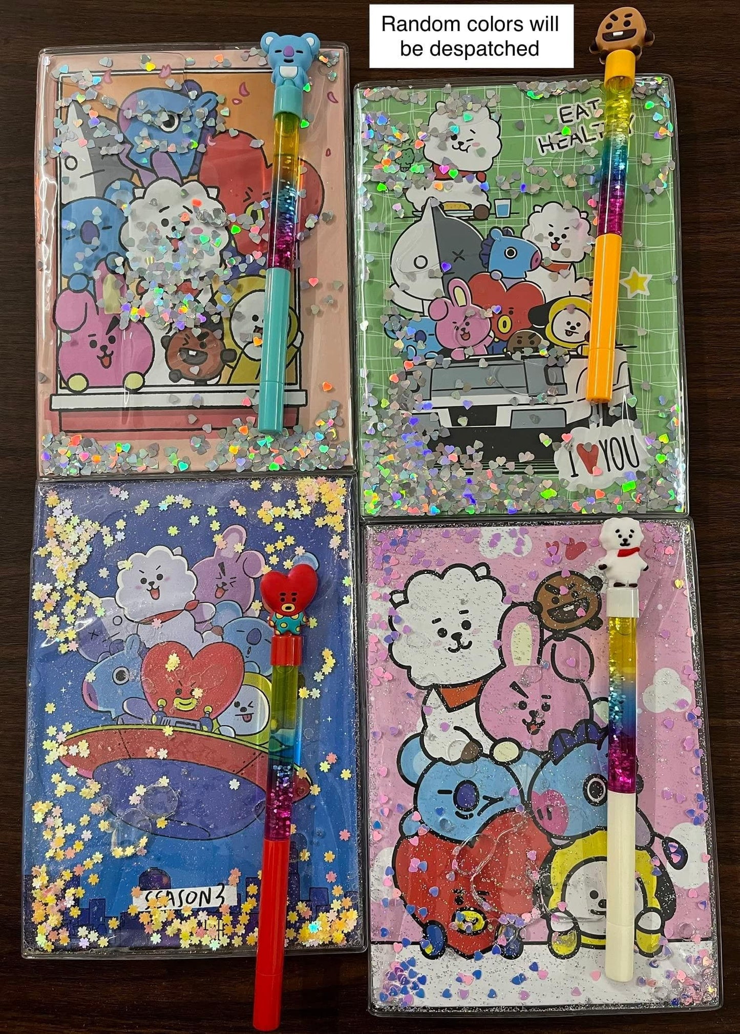 Bt21 cartoon water glitter diary with pen (multi colour) - halfpeapp