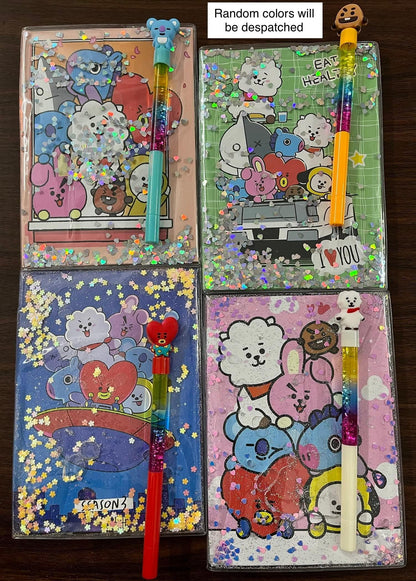 Bt21 cartoon water glitter diary with pen (multi colour) - halfpeapp