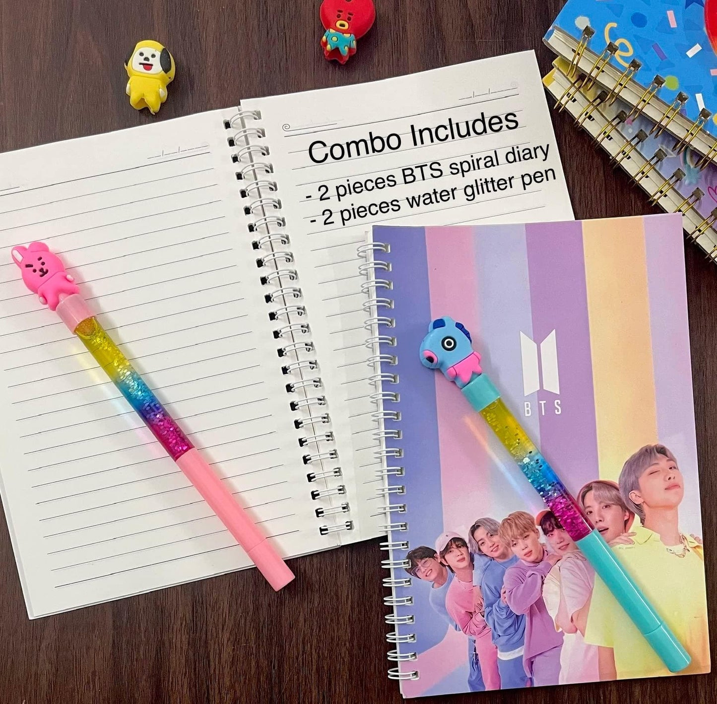 BTS group theme spiral diary with water glitter , cute stylish pen - halfpeapp