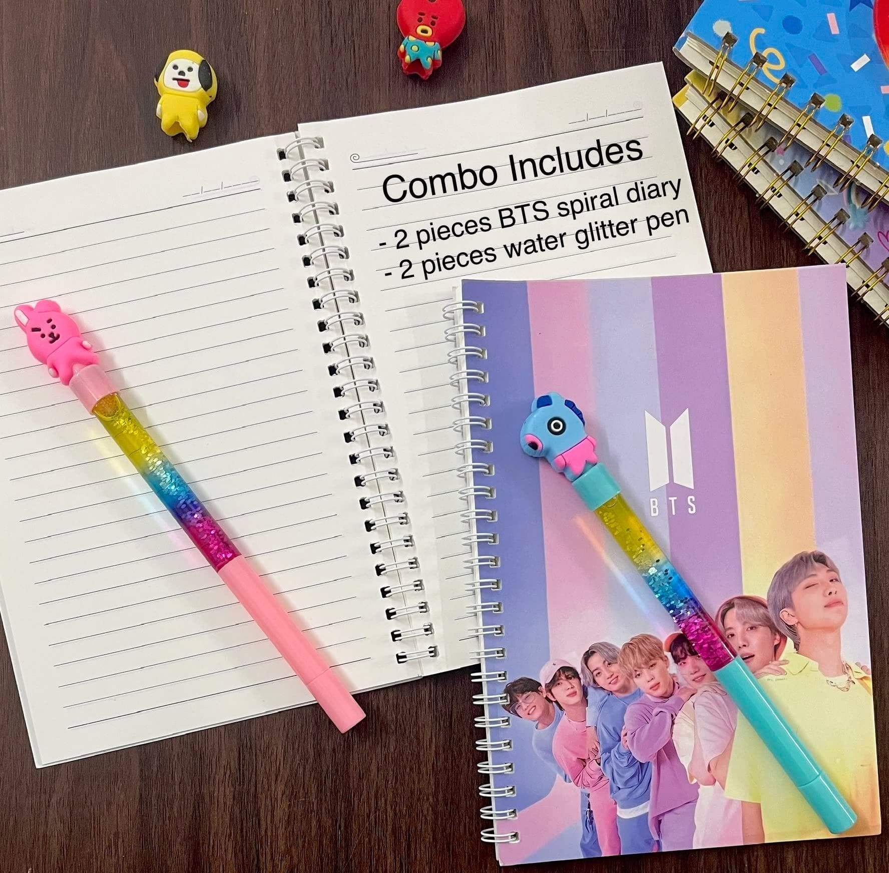 BTS group theme spiral diary with water glitter , cute stylish pen - halfpeapp