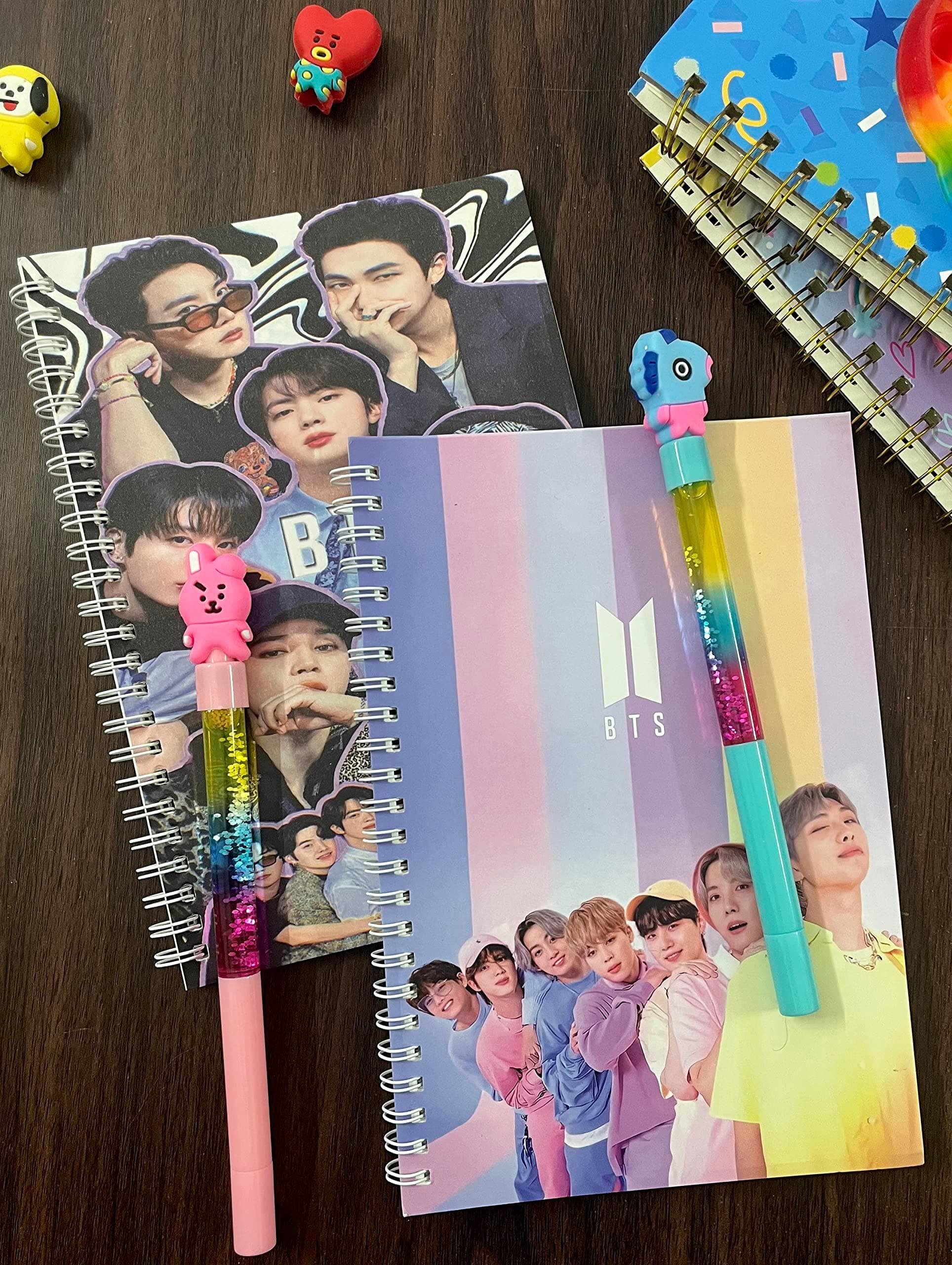 BTS group theme spiral diary with water glitter , cute stylish pen - halfpeapp