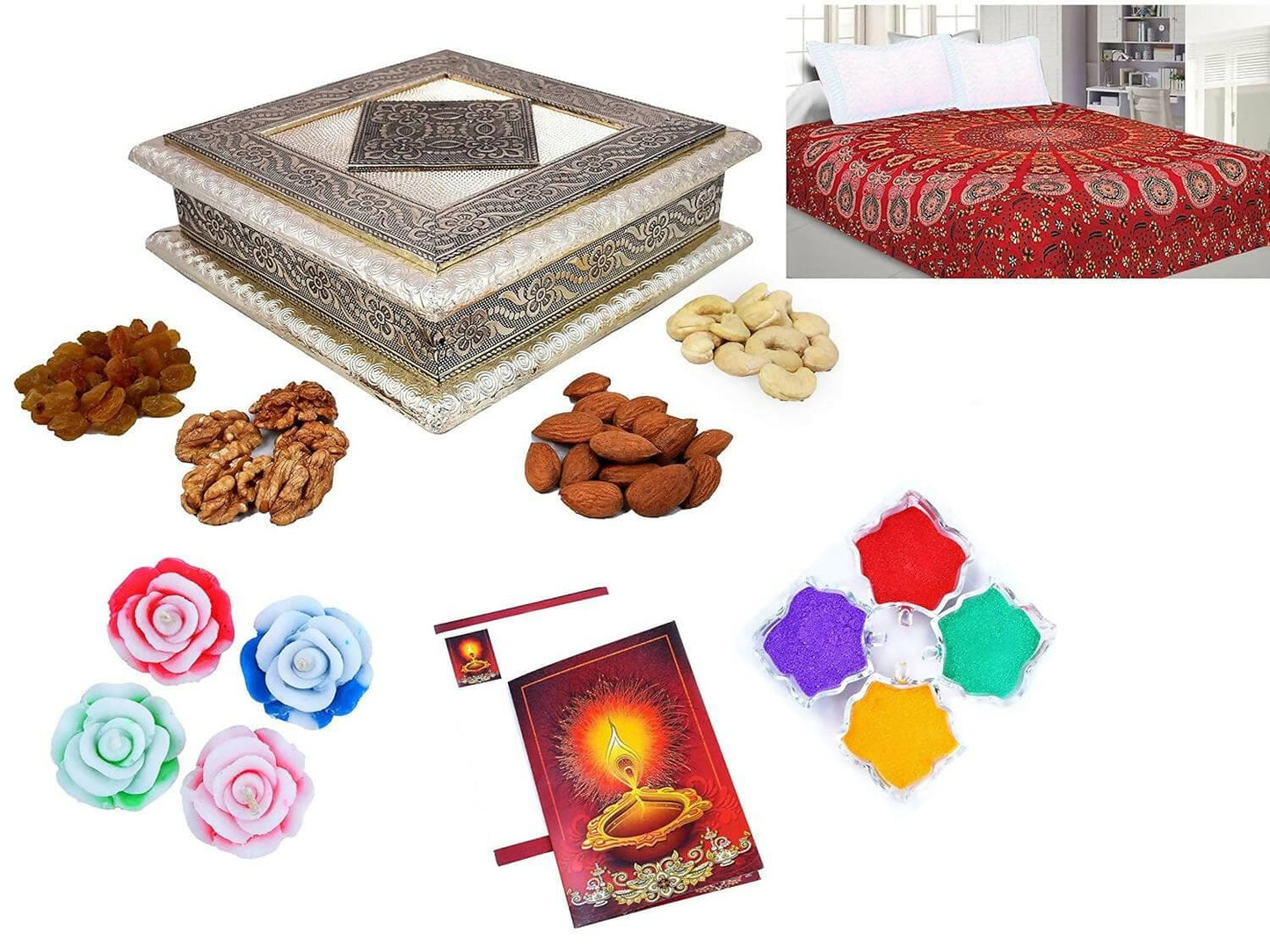 Diwali Dry Fruit Gift Pack-Cashew,Almond,Walnut and Raisin (100gms Each) 400gms+Mandala bedsheet+2 Floating Candles,Card and Rangoli Colours (Dry Fruits+Floating Diya+Mandala BEDSHEET) - HalfPe