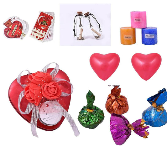 MANTOUSS Valentine Day Chocolate Gift for Girl Friend/boy Friend/Husband/Wife-Heart Shaped tin Box with Chocolate+Valentines Day Card+Heart Shaped Love Balloons+Love Message Bottle+Aromatic Candle - HalfPe