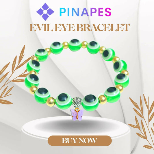 Pinapes Butterfly Beads and Evil Eye Charm Bracelet A Must-Have for Fashionable and Superstitious Women with violet butterfly (light green) - HalfPe