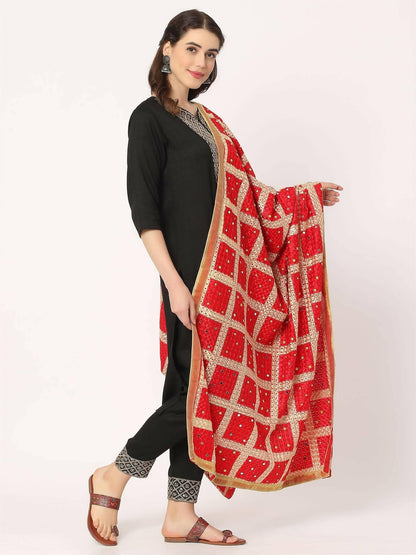 Red Embroidery Check Phulkari Dupatta with Mirror - HalfPe