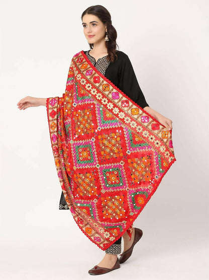 Red Multicolour Embroidery Phulkari Dupatta WIth Mirror Work - HalfPe