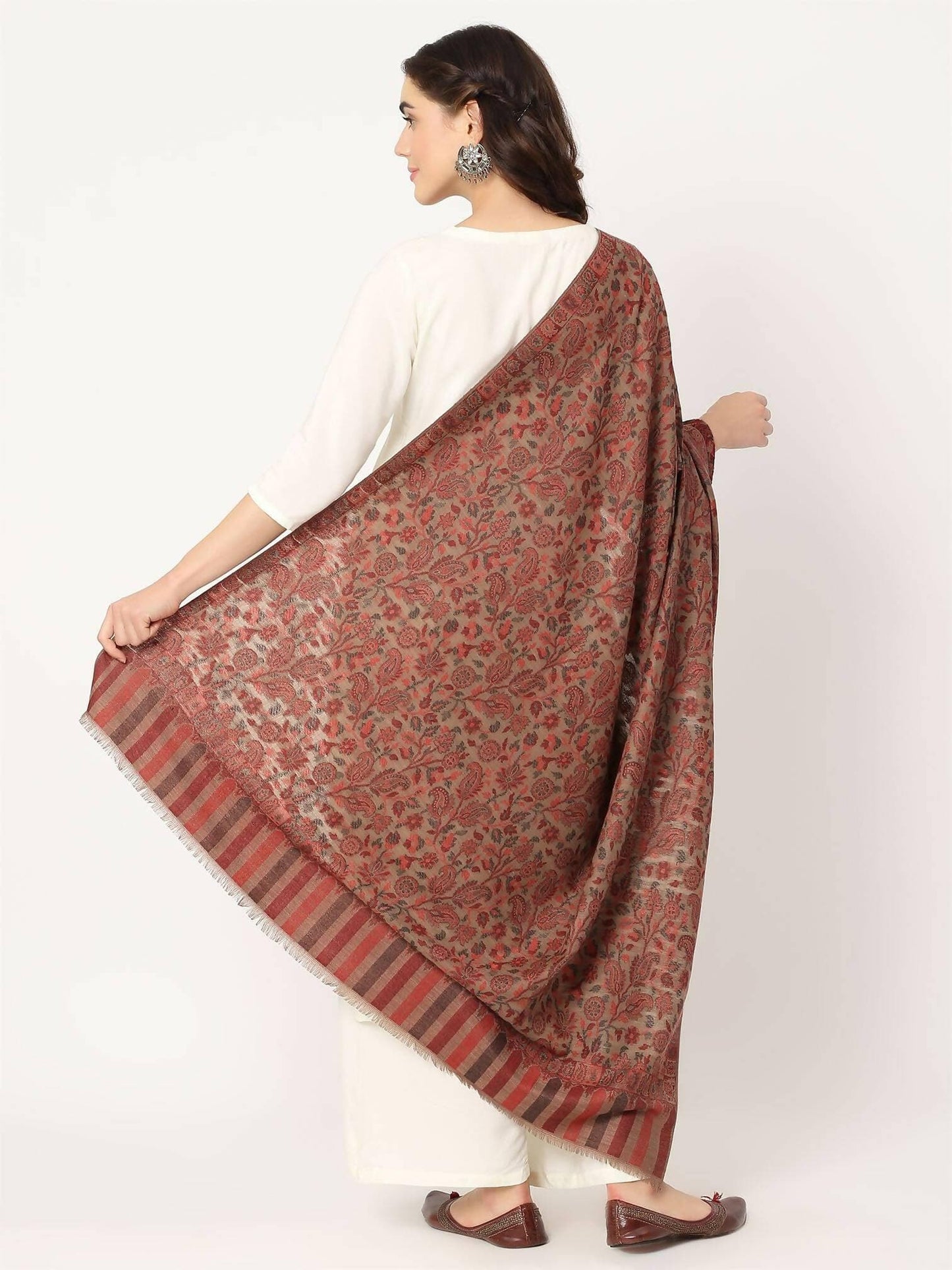 Light Brown Fine Wool Kani Shawl for women - HalfPe