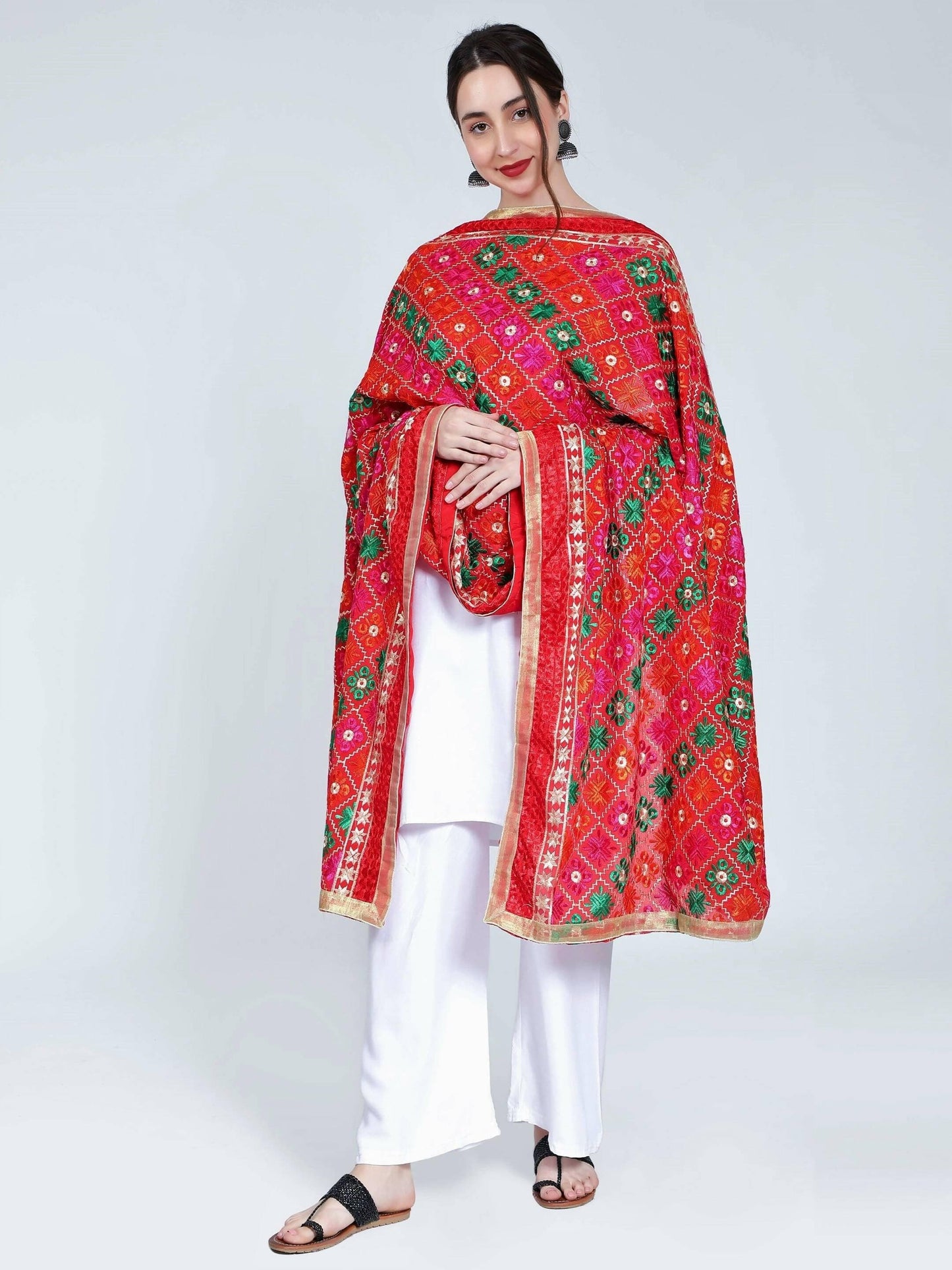 Multicolour Phulkari dupatta (red) - HalfPe