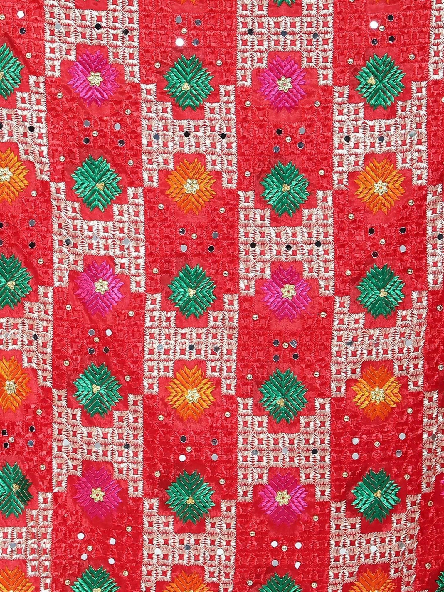 Phulkari dupatta with mirror work (red) - HalfPe