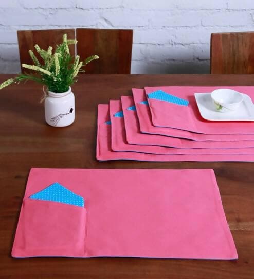 Lushomes table mat and napkins for dining table Set of 12, Fancy Table Mats Online with Pocket and Printed Cloth Napkins, Blue and Pink (6 Pc Placemats,13x19 Inces + 6 Pcs of Napkins, 16x16 Inches) - HalfPe