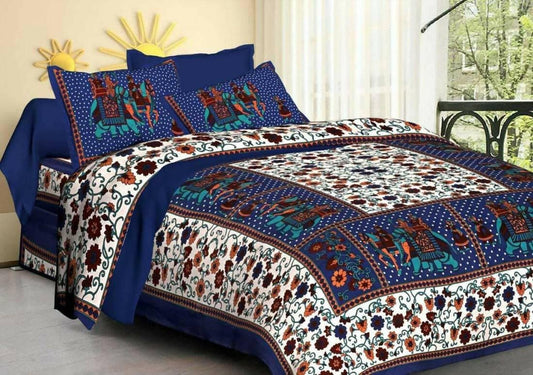 Jaipuri Cotton Single Printed Blue Bedsheeet With Pillow Covers - HalfPe