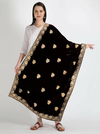 Velvet Embroidery Shawl Dupatta (Black) - HalfPe