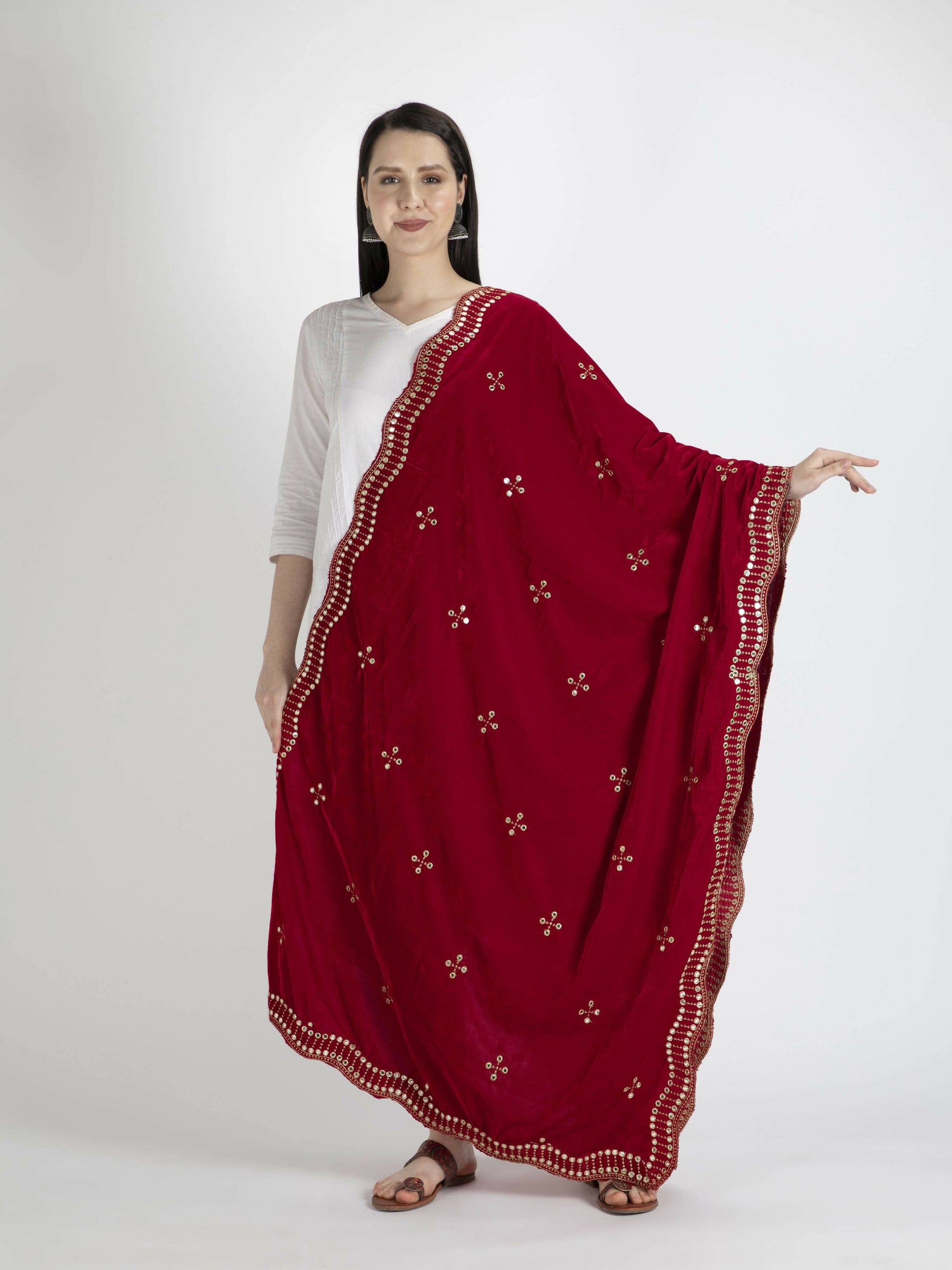 Embroidered Velvet Red Shawl Dupatta For Women - HalfPe