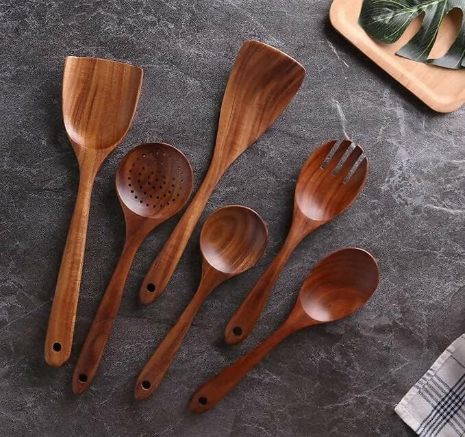 Set of 6 Japnese Style Wooden Cooking Spoon and 1 Set of Silicon Spatula and Oil Brush Set with Spatulas for Non-Stick Kitchen Cooking - HalfPe