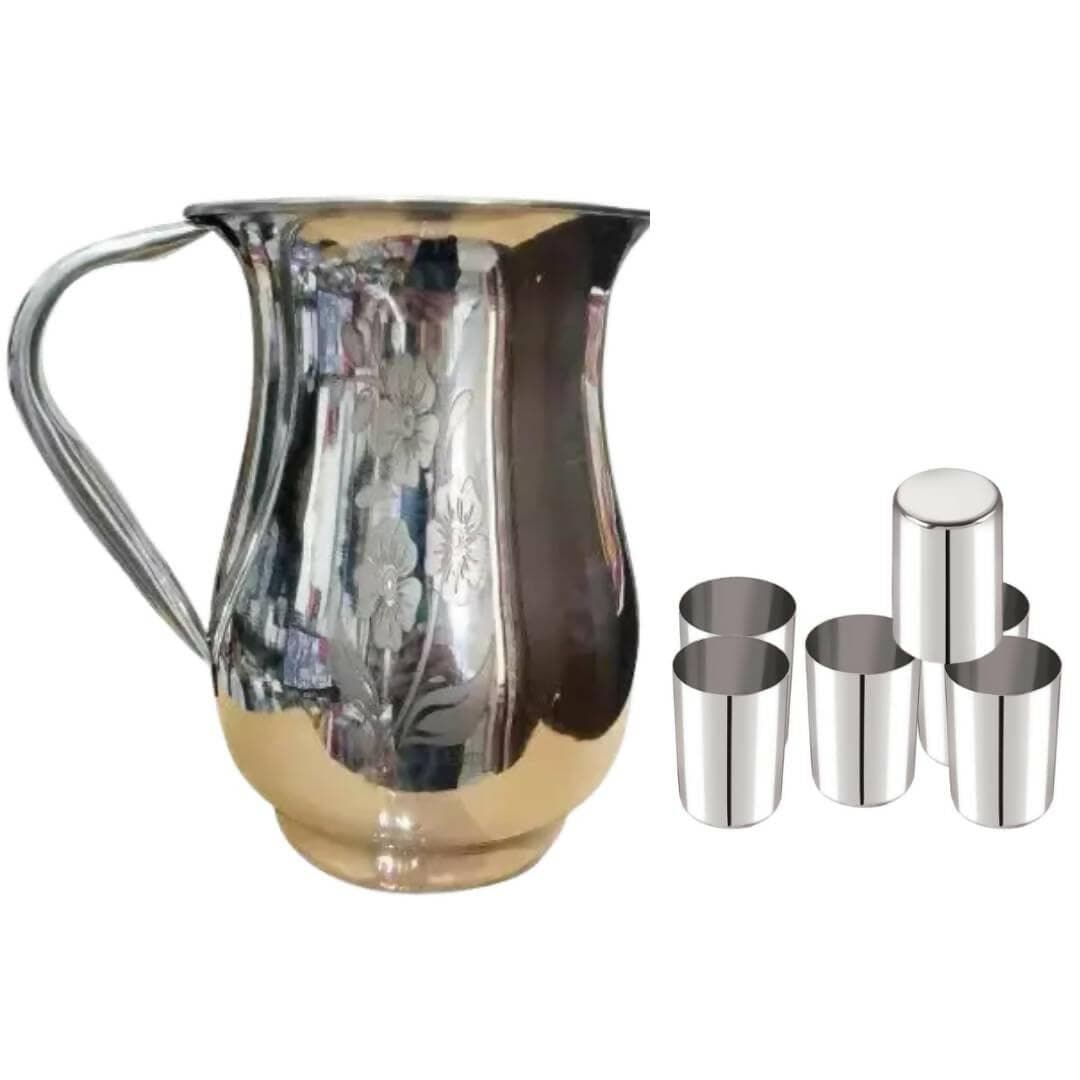 SHINI LIFESTYLE Stainless Steel Flower Jug with Glass Combo, Water Jug (7) - HalfPe