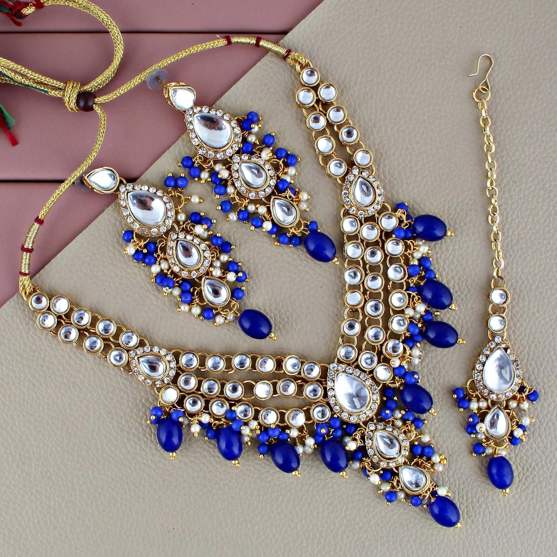 LUCKY JEWELLERY Gold Plated White Blue Color Tika Earring Necklace Combo Kundan Jewellery Set - HalfPe
