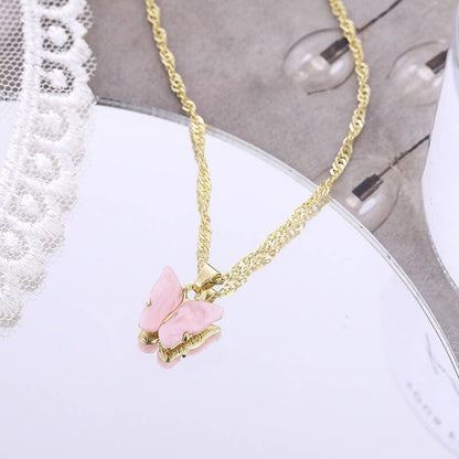 Pinapes Stylish Gold Chain Plated Multi-Color Butterfly Pendant Necklace for Women and Girls (Light Pink, pack of 2) - HalfPe