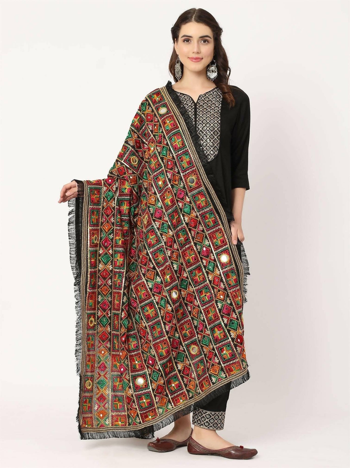 Black Mullticolour Embroidery Phulkari Dupatta with Mirror Work - HalfPe