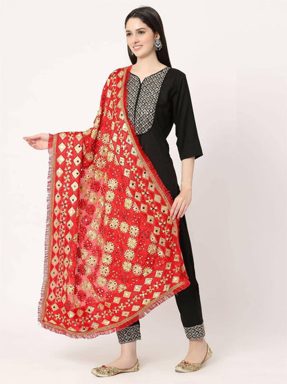 Red and Golden Embroidery Phulkari Dupatta - HalfPe