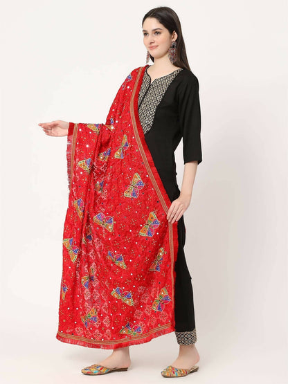 Red Butterfly Embroidery Phulkari Dupatta - HalfPe