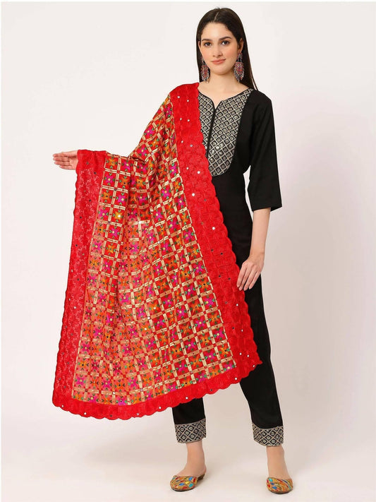 Red Multicolour Chiffon Phulkari Embroidery Dupatta - HalfPe