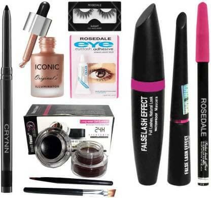 Crynn Smudge Proof Waterproof Rosedale Kajal & Studio Professional Iconic Original's Illuminator Highlighter & Beauty Blender Sponge Puff & Premium False Eyelash Pair & Adhesive Glue & Music Flower Black & Brown Gel Eyeliner & 3in1 Eyeliner , Mascara , Ey - HalfPe