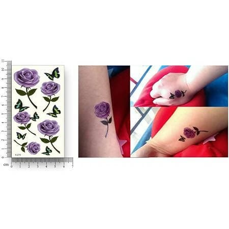 SENECIO 3D Purple Rose Flowers Butterfly Mini Design Waterproof Temporary Unisex Body Tattoo Size : 10.5 * 6cm - HalfPe