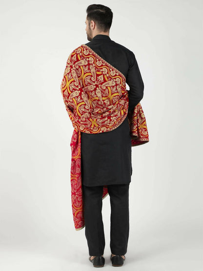 Red and Mustard Paisley Patterned Embroidered Velvet Shawl - HalfPe