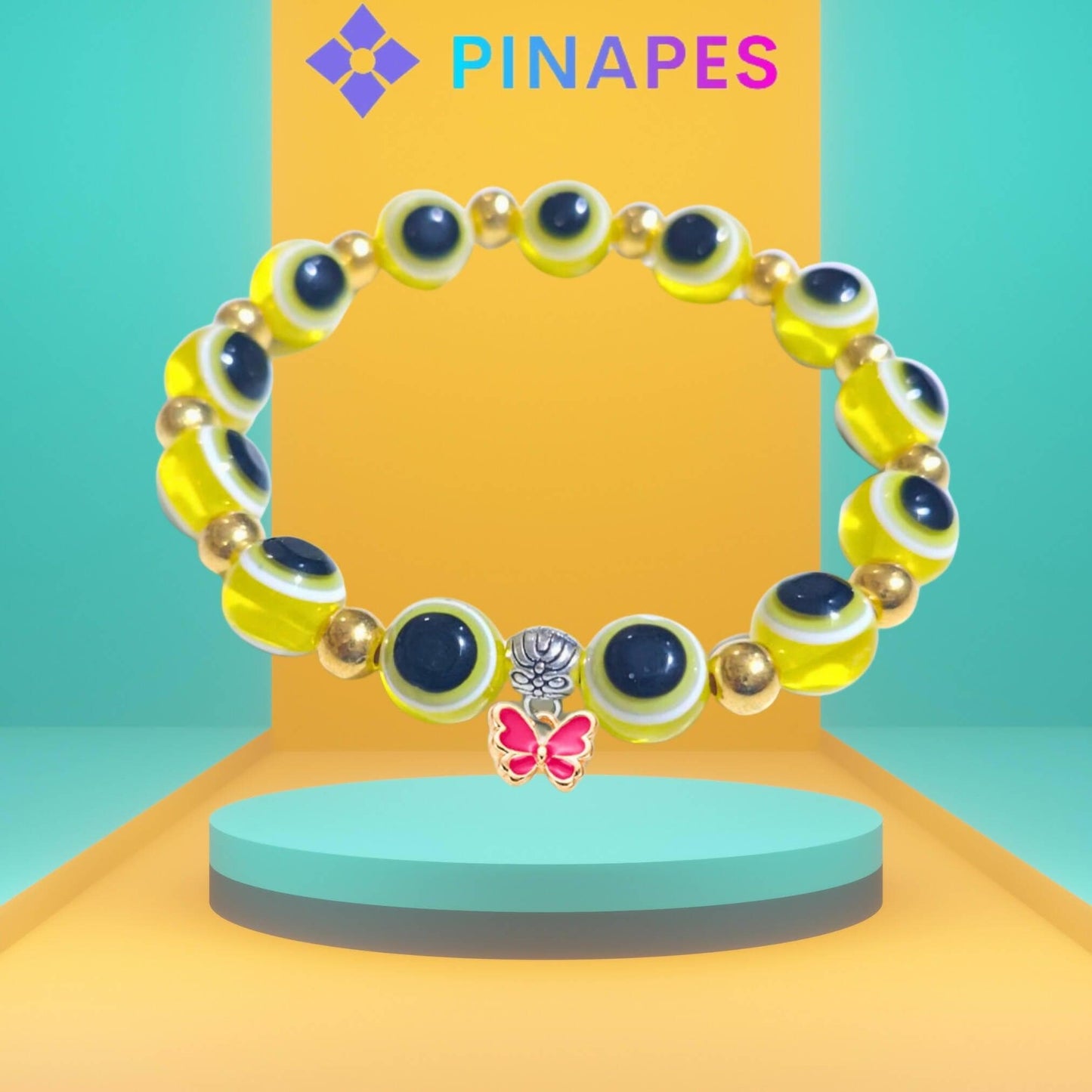 Pinapes Stylish Evil Eye Bracelet with Butterfly Pendant Ward off Negativity with Artificial Beads (Yellow) - HalfPe