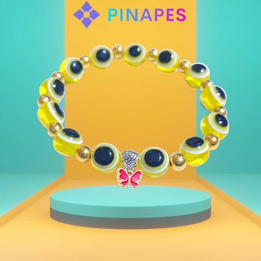 Pinapes Stylish Evil Eye Bracelet with Butterfly Pendant Ward off Negativity with Artificial Beads (Yellow) - HalfPe