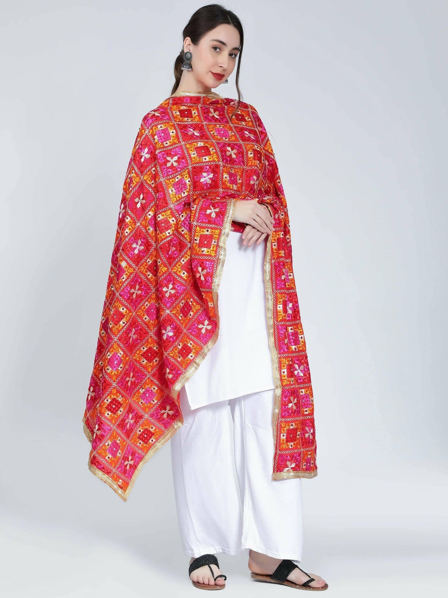 Multicolour Phulkari Dupatta (Magenta Orange Red) - HalfPe