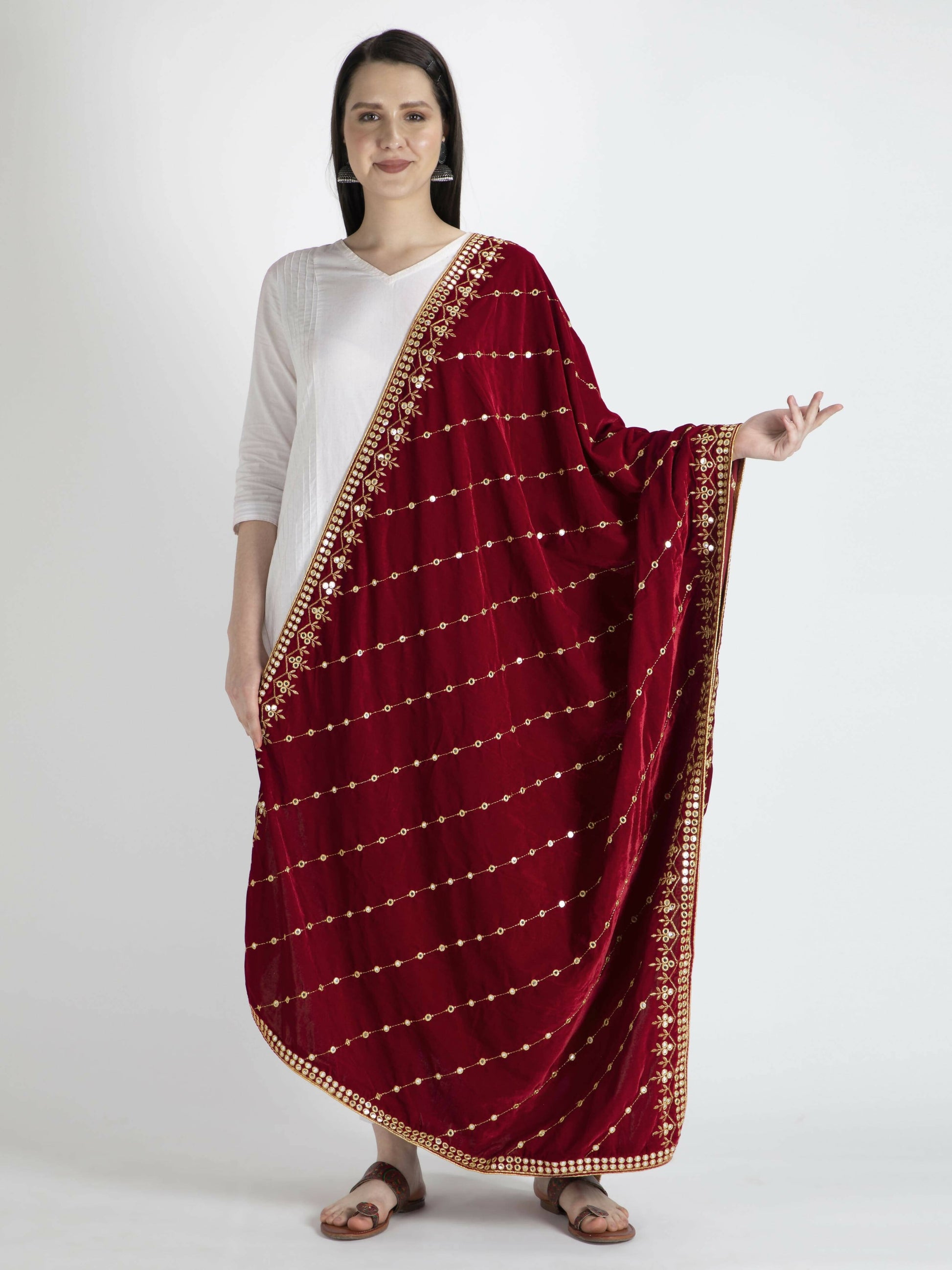 Maroon Embroidered Velvet Shawl Dupatta - HalfPe